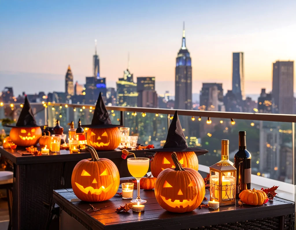 Last-minute NYC Halloween parties 2026 on a rooftop with jack-o’-lanterns and the Manhattan skyline